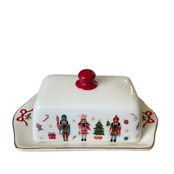 Christmas Nutcracker Covered Butter Dish Holiday Bow Collection Red White NEW - Picture 10 of 16